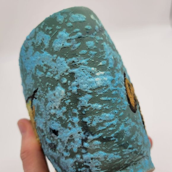 Vintage MCM Italian Pottery Basket Blue Lava Glaze With Yellow Leaf 8" Hand Pain - Picture 12 of 13